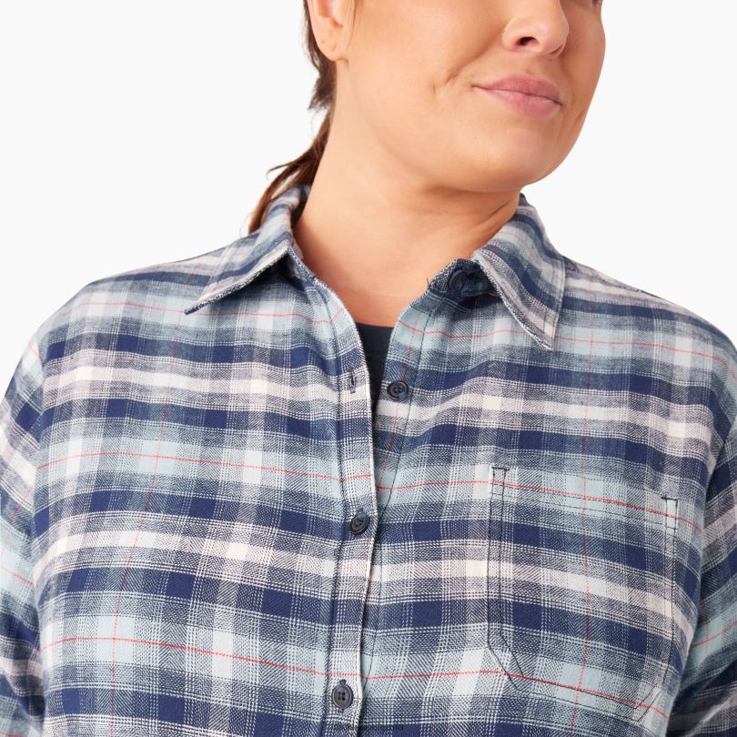 Жени Dickies плюс карирана фланелена риза с дълъг ръкав ясно синьо/морско омбре каре (c1f) облекло R2PH82208
