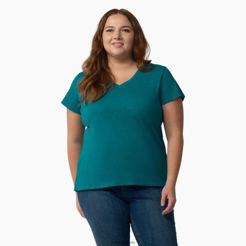 Жени Dickies плюс тениска с v-образно деколте с къс ръкав дълбоко езеро (dl2) облекло R2PH82036