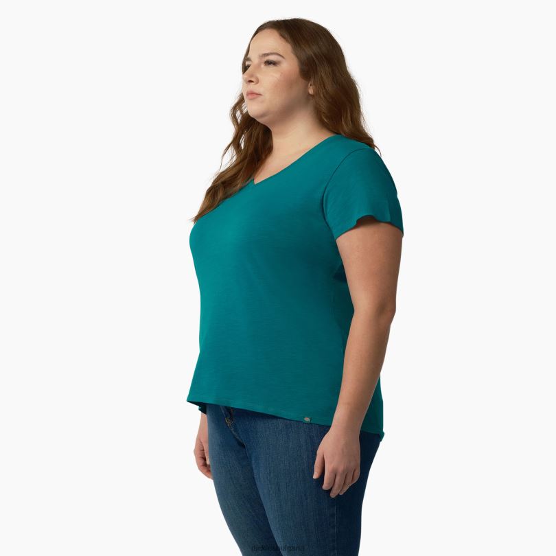 Жени Dickies плюс тениска с v-образно деколте с къс ръкав дълбоко езеро (dl2) облекло R2PH82036