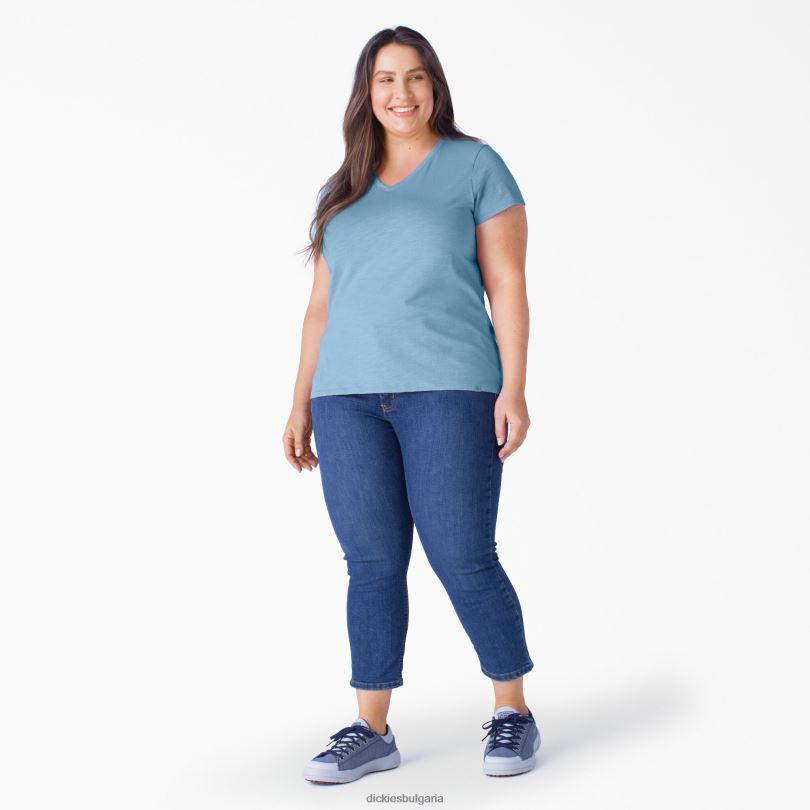 Жени Dickies плюс тениска с v-образно деколте с къс ръкав прашно синьо (dl) облекло R2PH82035