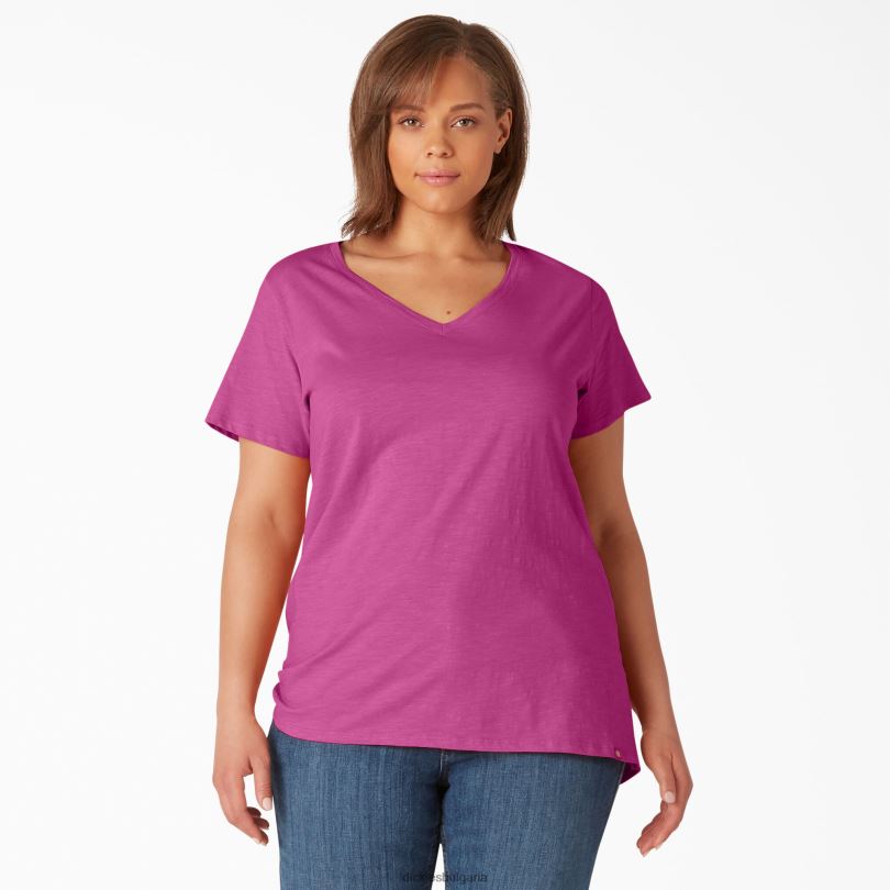 Жени Dickies плюс тениска с v-образно деколте с къс ръкав фестивална фуксия (f2f) облекло R2PH82037