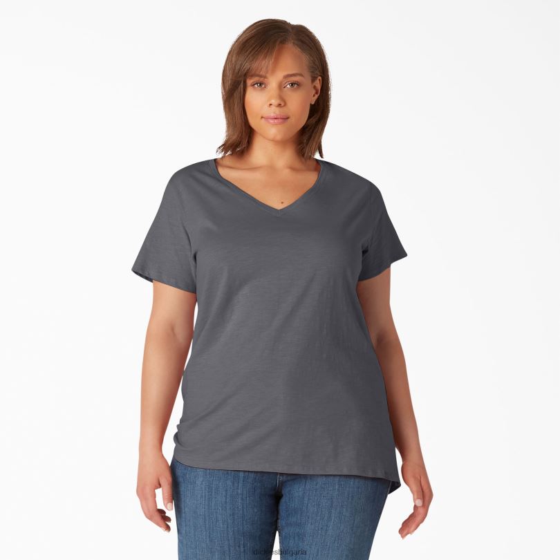 Жени Dickies плюс тениска с v-образно деколте с къс ръкав графитено сиво (ga) облекло R2PH82038