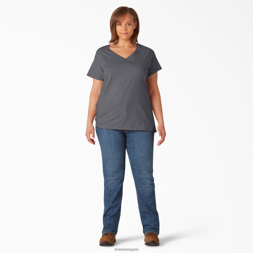 Жени Dickies плюс тениска с v-образно деколте с къс ръкав графитено сиво (ga) облекло R2PH82038