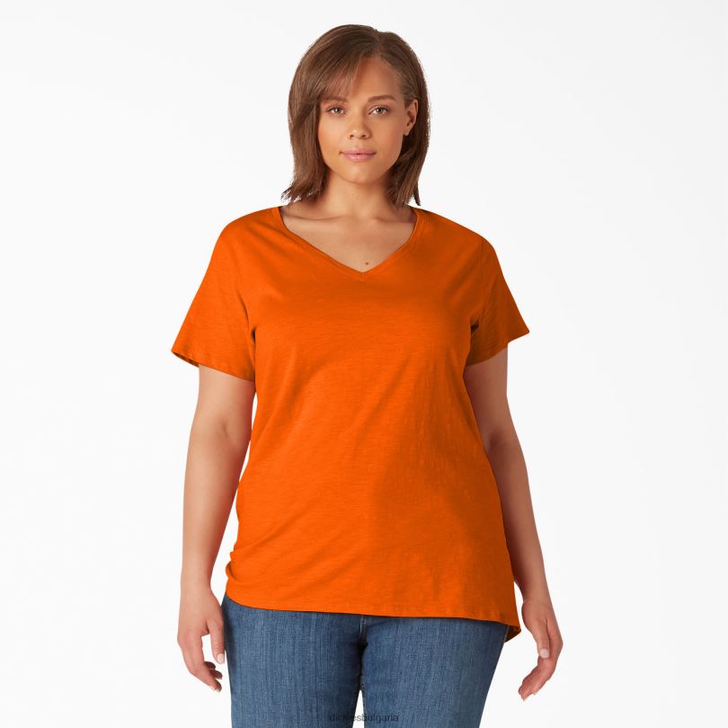 Жени Dickies плюс тениска с v-образно деколте с къс ръкав червен ибис (s2s) облекло R2PH82040