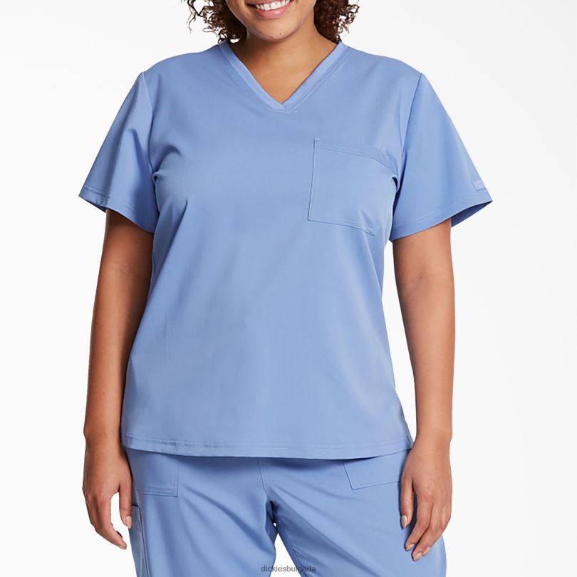 Жени Dickies чиста горна част с v-образно деколте и джоб на гърдите ceil blue (cbl) облекло R2PH82598