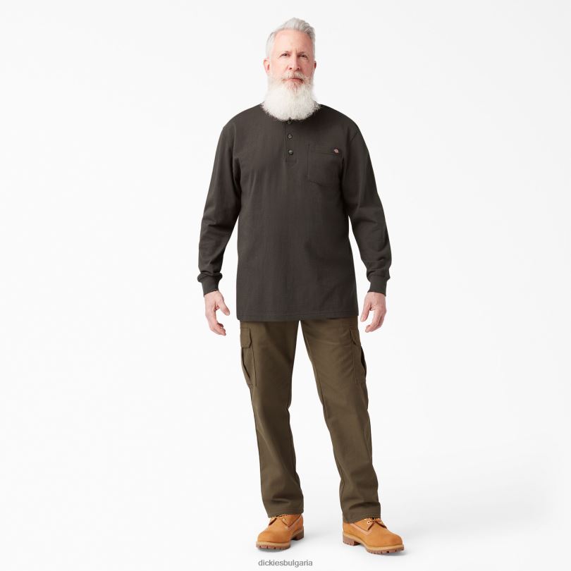 мъже Dickies тежка тениска с дълъг ръкав Henley шоколадово кафяво (cb) облекло R2PH8694