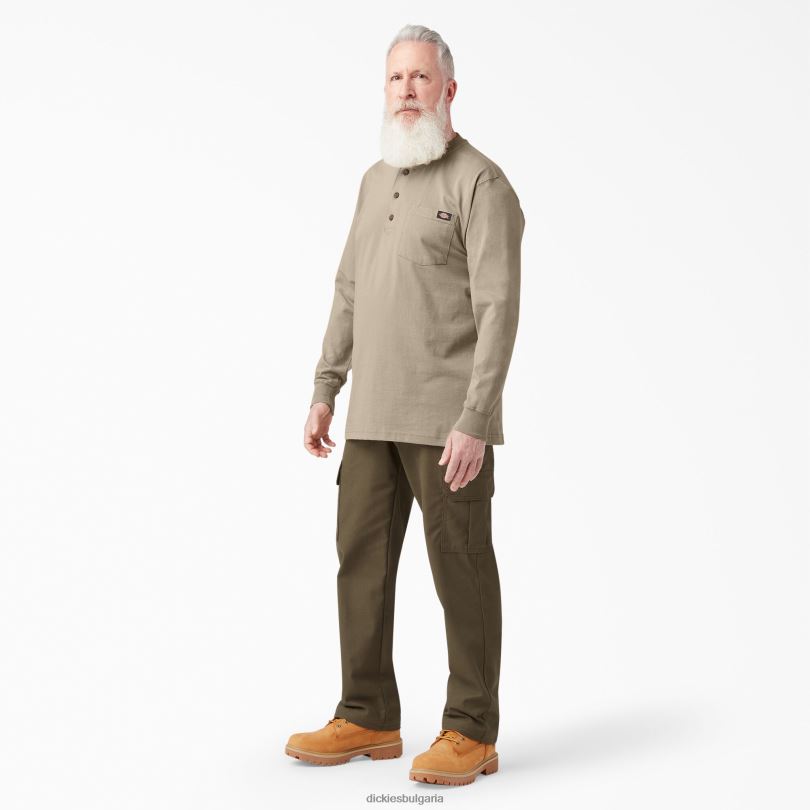 мъже Dickies тежка тениска с дълъг ръкав Henley пустинен пясък (ds) облекло R2PH8696
