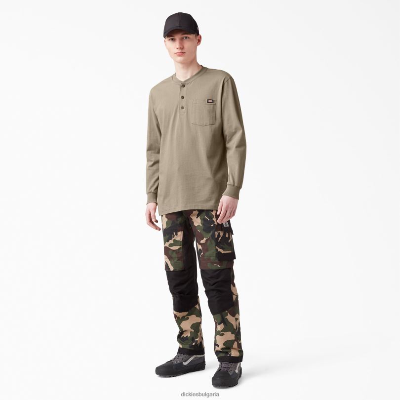 мъже Dickies тежка тениска с дълъг ръкав Henley пустинен пясък (ds) облекло R2PH8696