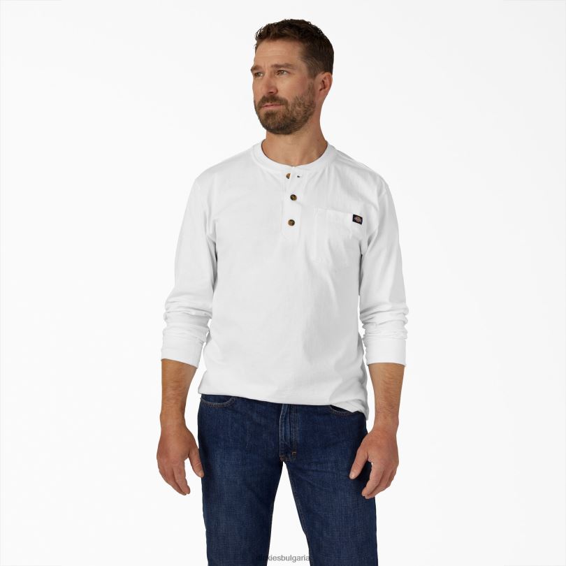 мъже Dickies тежка тениска с дълъг ръкав Henley бяло (wh) облекло R2PH8700