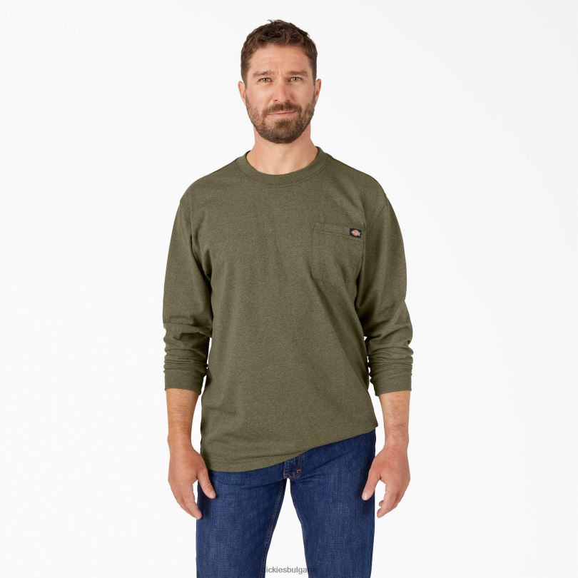 мъже Dickies тежка тениска с дълги ръкави военен зелен хедър (mld) облекло R2PH8719