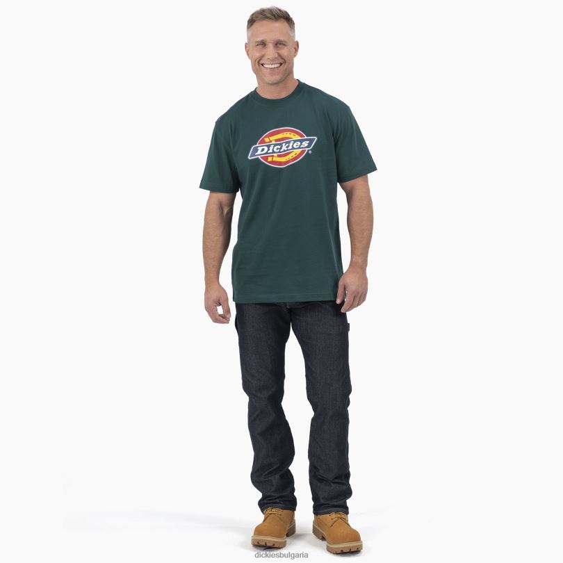 мъже Dickies трицветна графична тениска с лого с къс ръкав горско зелено (фута) облекло R2PH8710