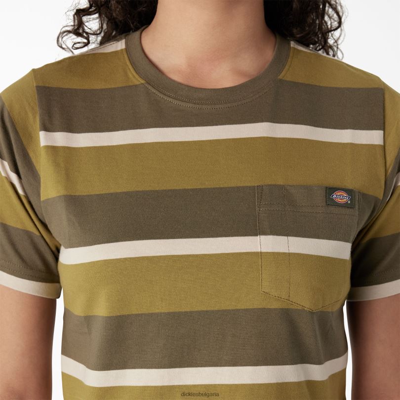 Жени Dickies изрязана тениска на райета мъх/военна зелена ивица (mms) облекло R2PH82013