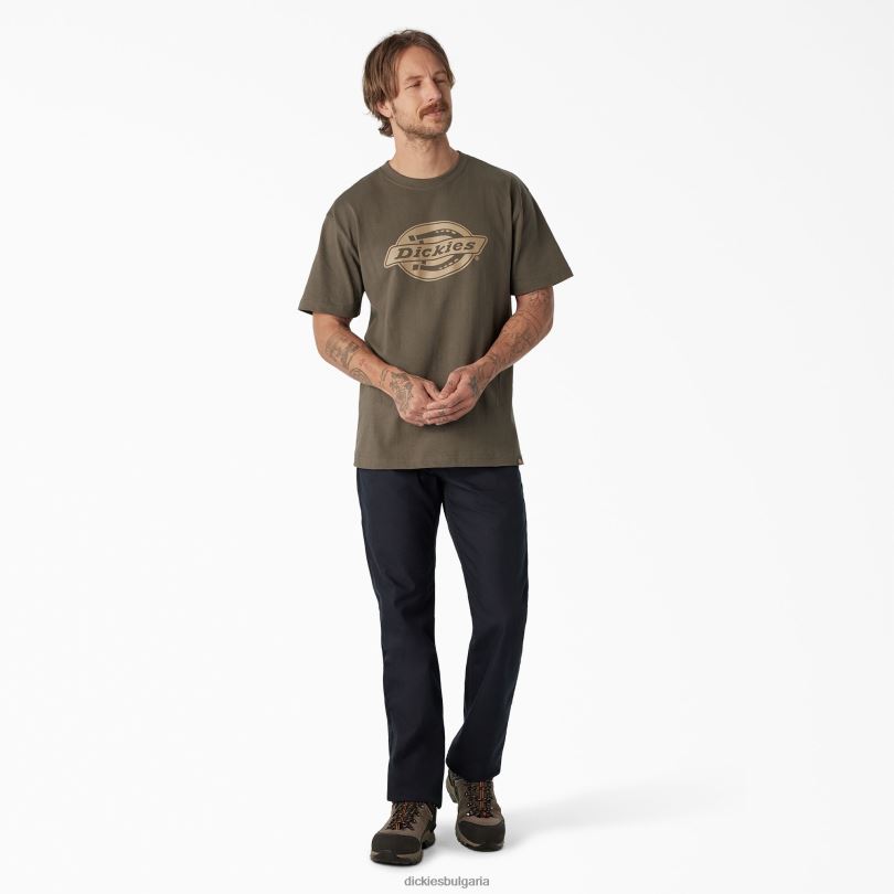 мъже Dickies тениска с тежко лого с къс ръкав зелен мъх (ms) облекло R2PH8740