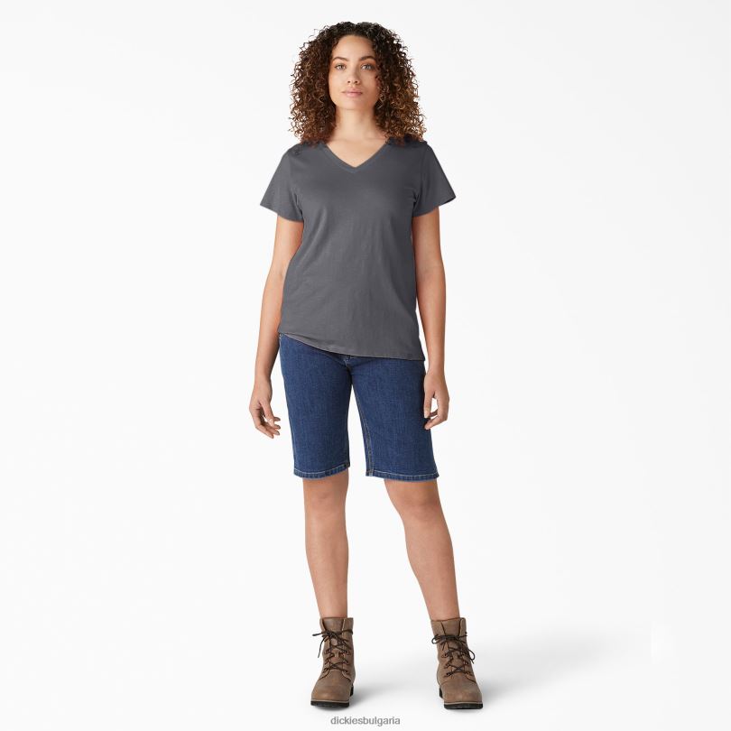 Жени Dickies тениска с v-образно деколте с къс ръкав графитено сиво (ga) облекло R2PH82064