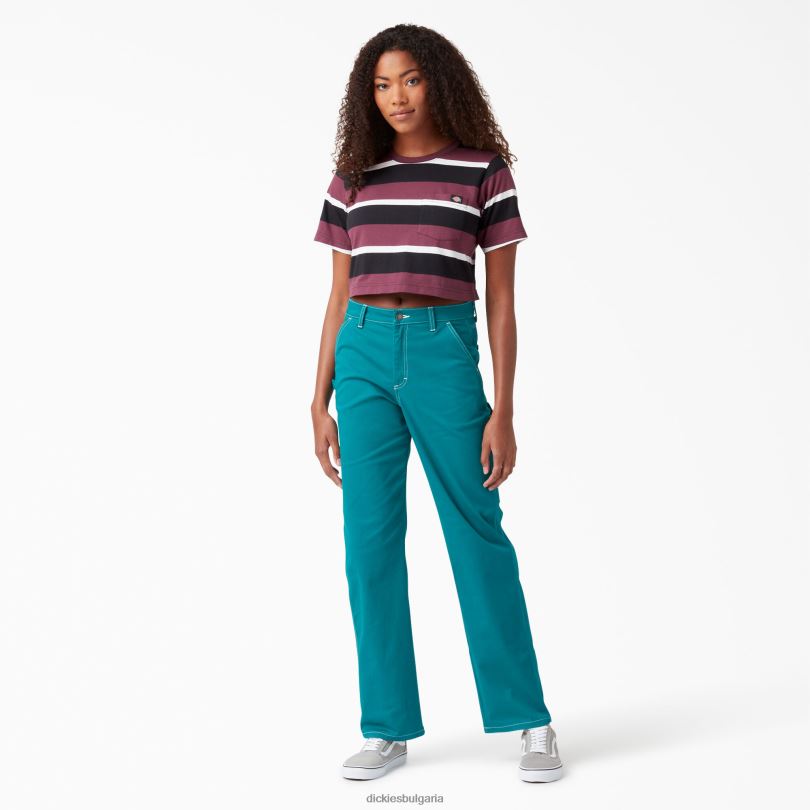 Жени Dickies изрязана тениска на райета вино колегиална ивица (wsg) облекло R2PH82016