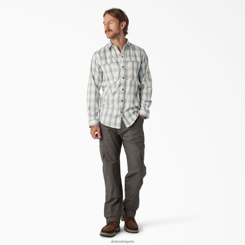 мъже Dickies охлаждаща работна риза с дълъг ръкав ясно синьо/опушено каре (b1h) работно облекло R2PH8677