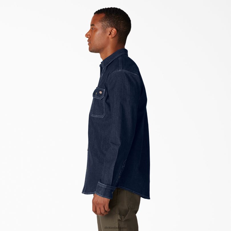 мъже Dickies гъвкава дънкова риза с дълъг ръкав измиване на тъмен деним (dw2) работно облекло R2PH8727