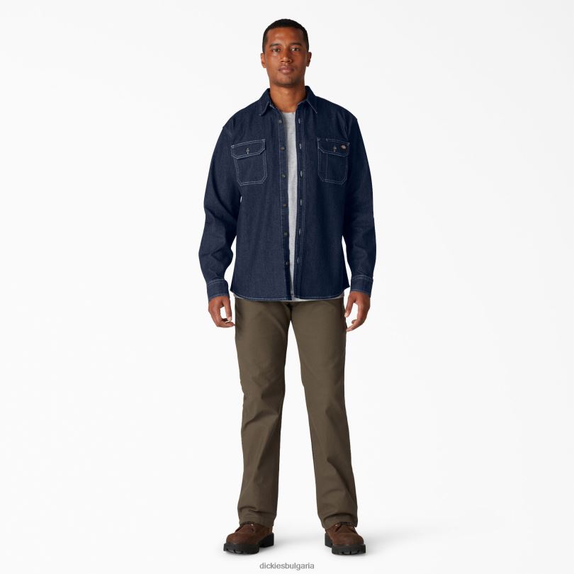 мъже Dickies гъвкава дънкова риза с дълъг ръкав измиване на тъмен деним (dw2) работно облекло R2PH8727