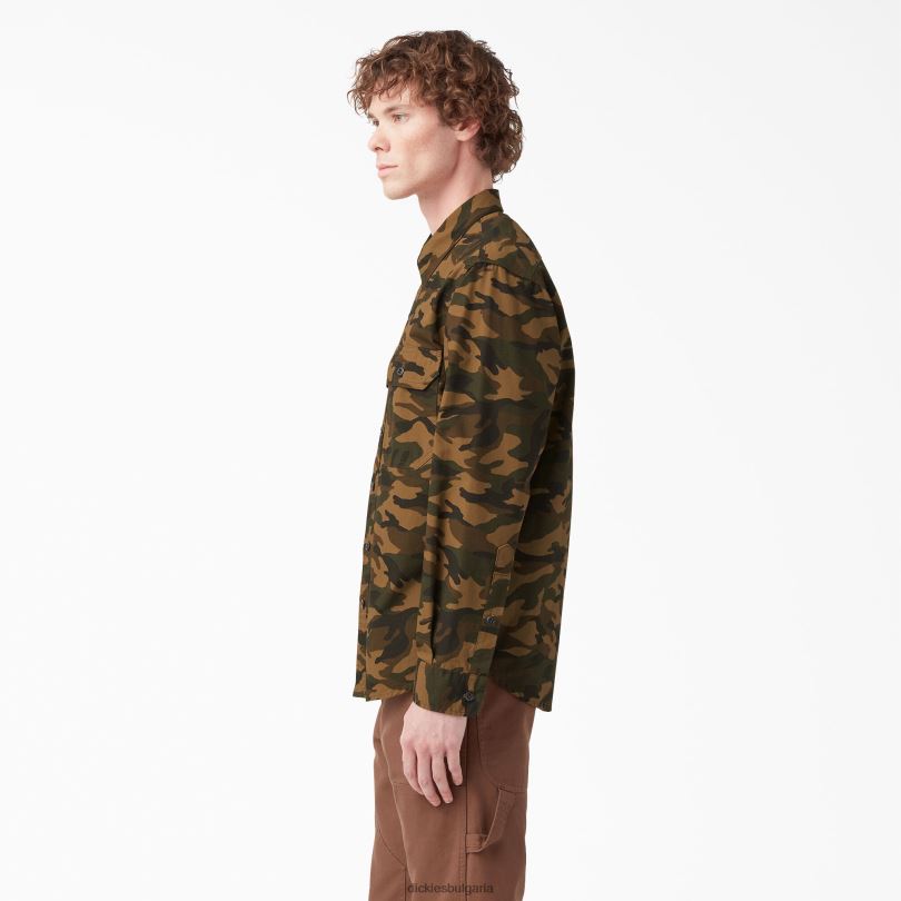 мъже Dickies Работна риза с дълъг ръкав от 1922 г изплакнат кафяв/черен камуфлаж (rbbc) работно облекло R2PH8915