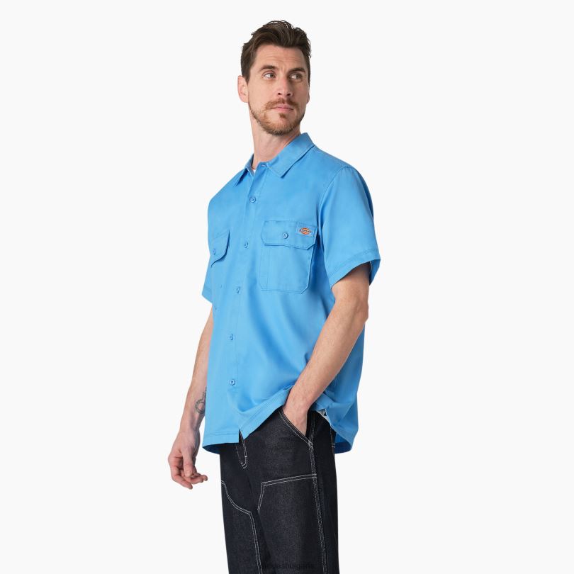 мъже Dickies работна риза с къс ръкав Madras лазурно синьо (ab2) работно облекло R2PH8760
