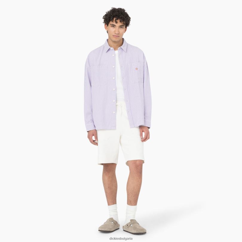 мъже Dickies работна риза с дълъг ръкав на хикори райе екрю/люляк (eug) работно облекло R2PH8778