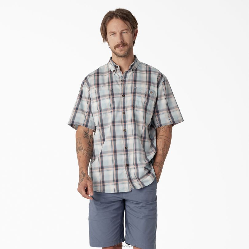 мъже Dickies тъкана риза с къс ръкав ясно синьо високо равнинно каре (a2t) работно облекло R2PH8624